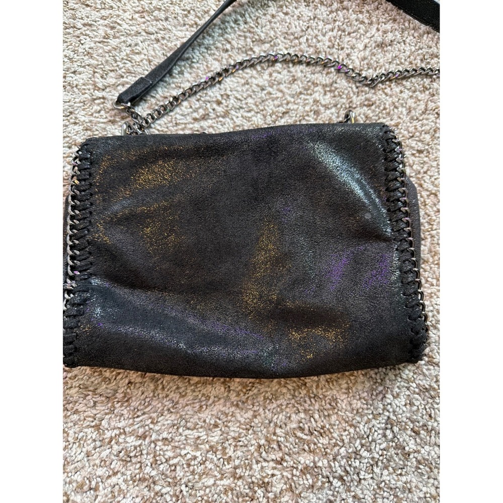 Black Iridescent Shimmer Crossbody Bag Gunmetal Chain Whipstitch Trim Shoulder - Picture 6 of 8